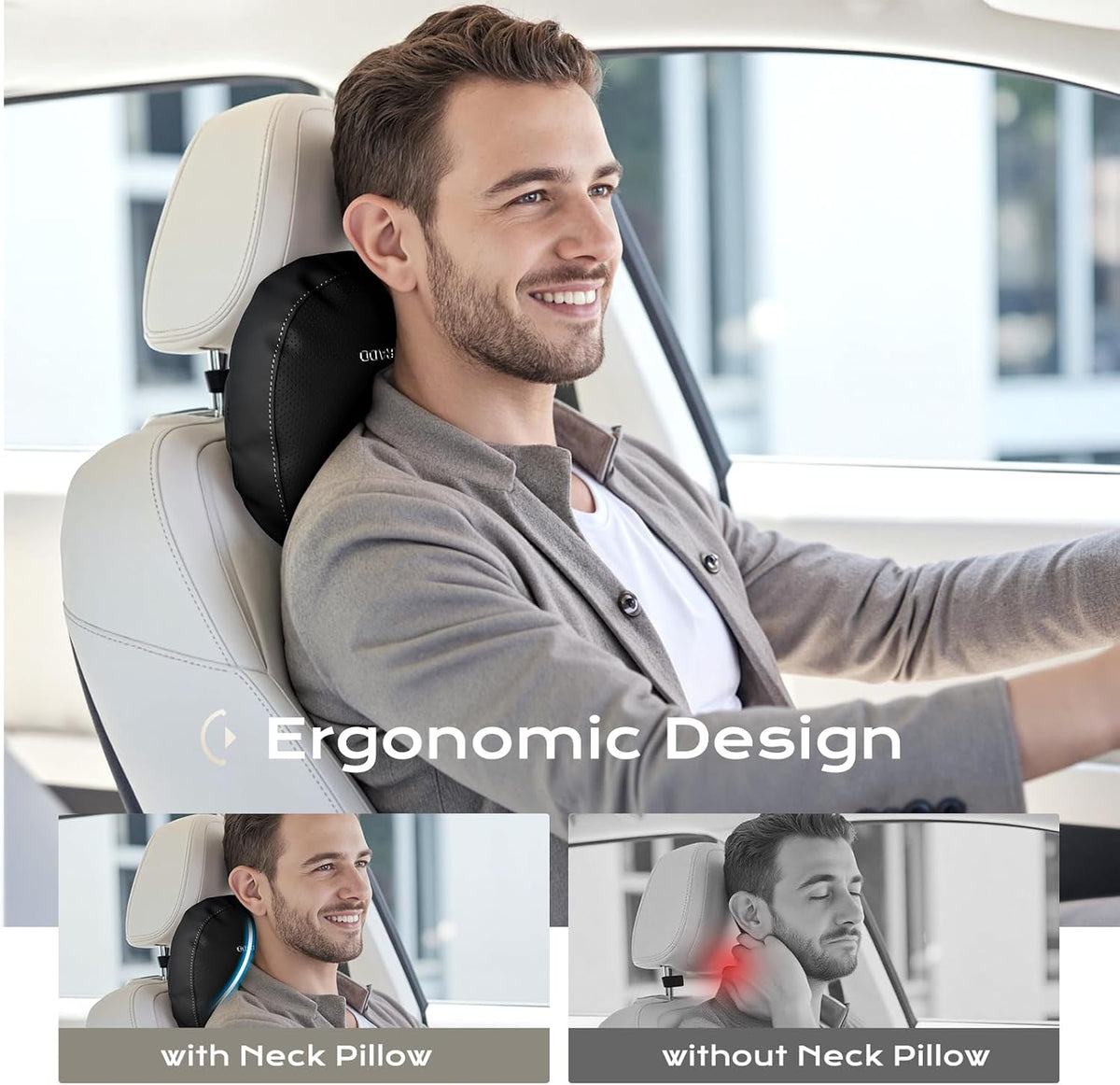 Coverado Car Lumbar Support Pillow and Car Neck Pillow Kit, Ergonomic Design Car Headrest Pillow for Driving, Relax Back Head Muscles Relieve Driving Fatigue, Breathable & Removable Cover, Gray