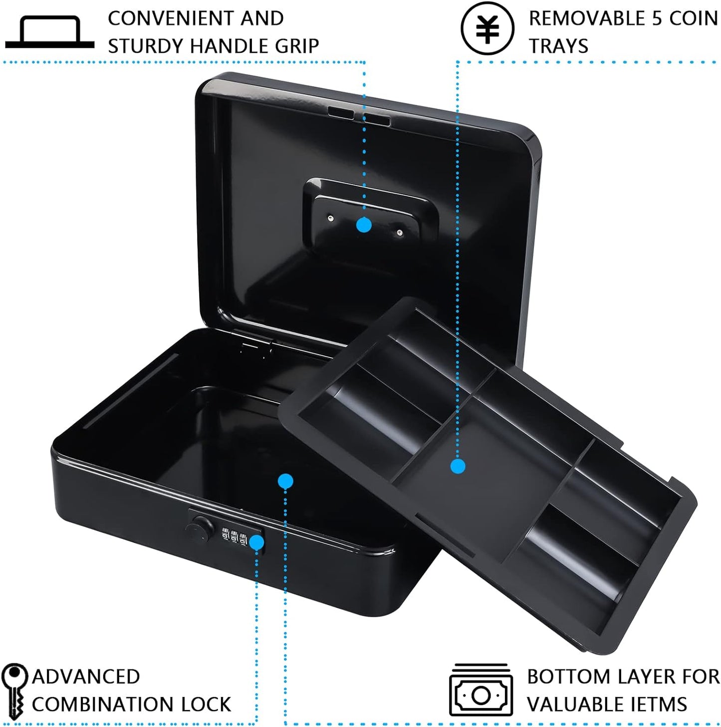 KYODOLED Cash Box with Combination Lock Safe Metal Money Box with Money Tray for Security Lock Box 7.87"x 6.30"x 3.35" Black