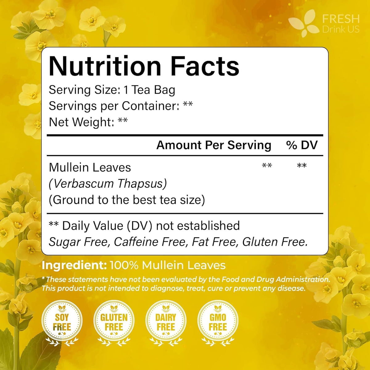 FreshDrinkUS, Premium Mullein Leaf Tea, 120 Count, Pure, Caffeine Free