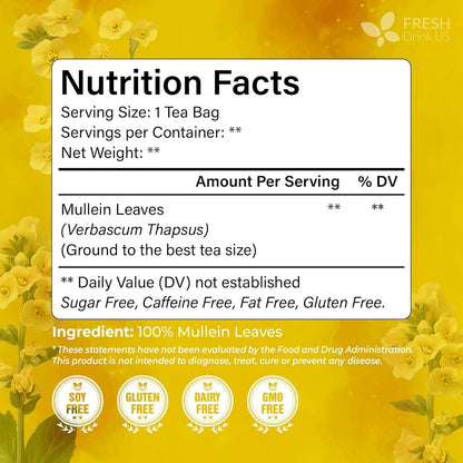 FreshDrinkUS, Premium Mullein Leaf Tea, 120 Count, Pure, Caffeine Free