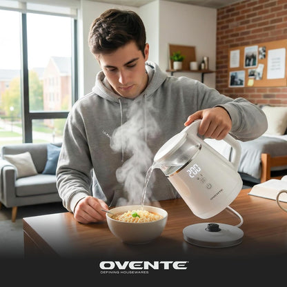 OVENTE 1L Small Electric Kettle with 5 Temperature Preset, Digital Display, 5Hr Keep Warm, Auto Shut-Off, Double-Wall Cool Touch Exterior, Borosilicate Glass,1500W BPA Free Water Boiler, Black KD95B