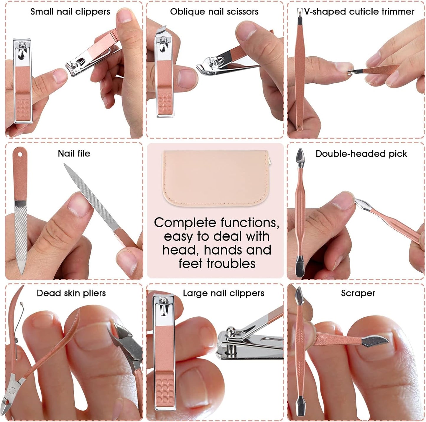 Nail Clippers & Beauty Tool Portable Set, Rose Gold Manicure Set, 12 in 1. | Martensitic Stainless Steel, Pink Leather Bag, Suitable for Home, Workplace, Outdoor Travel, Gift Giving, Salon.