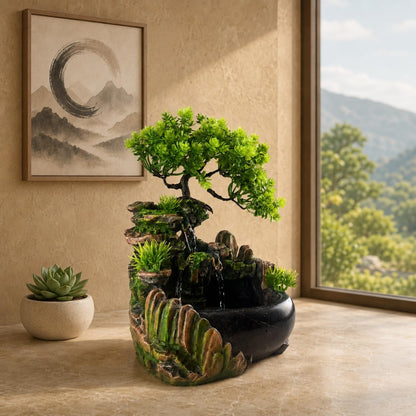 Indoor Tabletop Water Fountain with LED Light, Resin Rock-Look Waterfall Decor, Feng Shui Inspired Zen Fountain for Desk, Office, Bedroom, Living Room & Meditation Space (9" Cascading Rock)