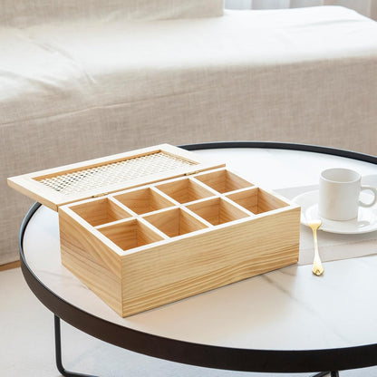 JJSQ Wooden Tea Bag Organizer Box with Lid, 8 Compartment Tea Storage Chest, Tea Caddy Holder Organizer for Countertop, Tea Station and Tea Accessories (Natural)