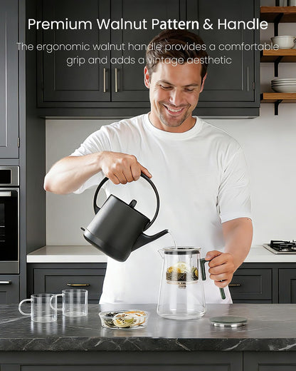 ZENS Magnetic Tea Pot, Enchanted Glass Teapot with Infuser and Magnetic Suction Lid for Mess-Free Loose Tea Diffusers, Walnut Wood Handle, Tea Lovers Gifts