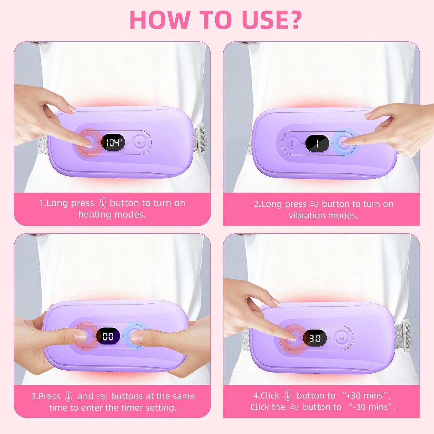 Portable Heating Pad: 2 Timer 6 Heat Levels 6 Vibration Modes Cordless Electric Heating Pad 3s Fast Heating Travel Heating Pad Gifts for Women Christmas Birthday Pink