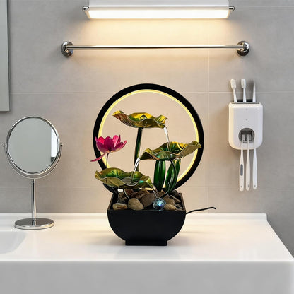 AOZITA Tabletop Fountain, Indoor Waterfall Fountain, Small Home Décor Zen Relaxation Soothing Sound Machine for Office, Living Room, or Bedroom,Blue Metal Lotus with Bud, River Rocks,Round LED