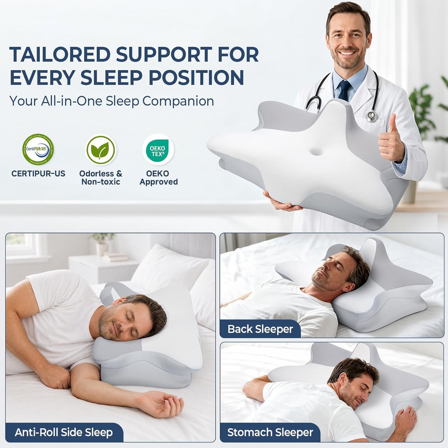 CPAP Pillow for Side Sleeping, 2-IN-1 Cervical Neck Pillow for Pain Relief, Cooling Memory Foam Pillows with Anti-Roll Support Pillar Ergonomic Orthopedic Pillows for Side Back & Stomach Sleepers