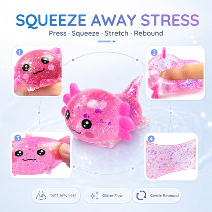 Axolotl Squishy Toy, Cute Glitter Stress Relief Fidget Toy, Soft Squeeze Sensory Toy for Kids Adults, Axolotl Squishy Stress Ball Anxiety Calming Desk Toy Party Favor Handheld Fidget (Yellow)