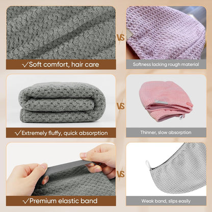 HOMEXCEL 5 Pack Microfiber Hair Towels - 40 x 20 inches Super Soft, Fast Drying Turbans for Long, Thick, Curly Hair - Anti Frizz Wrap with Elastic Strap