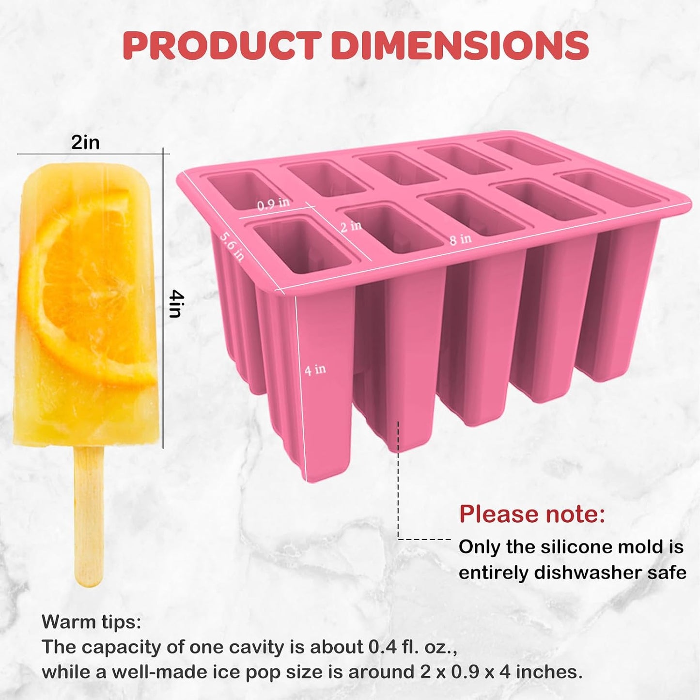 Miaowoof Homemade Popsicle Molds, 10-Cav Non-BPA Silicone Ice Pop Maker, with 50 Sticks, 50 Bags, 10 Reusable Sticks, Funnel, Brush and Ice Pop Recipe (Red)