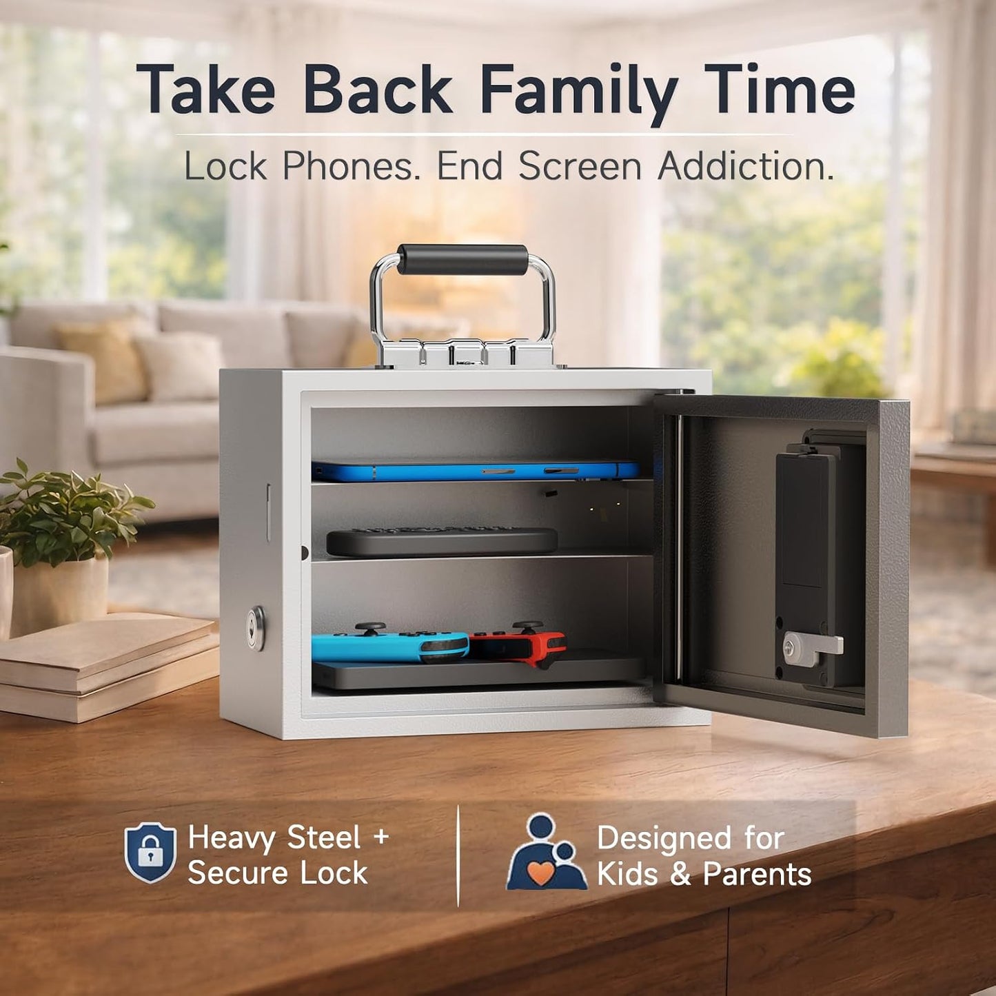 Phone Lock Box for Kids, Cellphone Jail for Screen Time Control, Passcode Lock with Backup Key, Remote Unlock for Parents, Secure Phone Storage for Homework and Sleep Routine