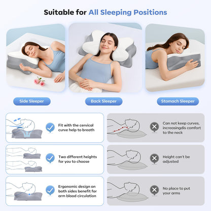 Cervical Neck Pillow, Ergonomic Memory Foam Pillow for Neck Pain Relief with Dual-Height Design, Breathable Cover, Neck Support for Side Back & Stomach Sleepers, Odorless White 1 pcs