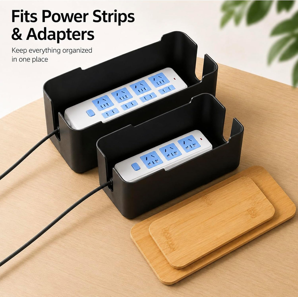 [Set of 2] Wood Cover Cable Management Box Set, Wire Ties Included to Organize Desk Cord Cables, Hide TV Computer Wires, Power Strips, USB Hub to Make Your Home, Office Neat and Clean (White)