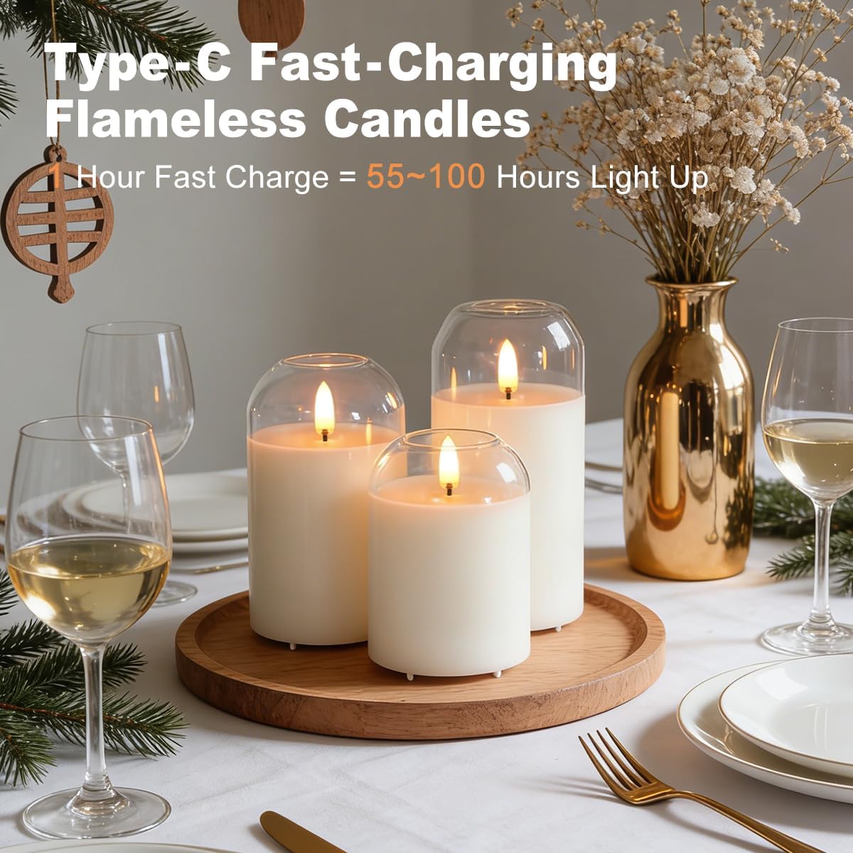 LEDHOLYT Rechargeable Flameless Glass Pillar Candles–Gifts for Women,–Set of 3, Realistic Flickering LED Flame,Remote & Timer, Ideal for Living Room, Bedroom & Halloween Festival Home Party Decor