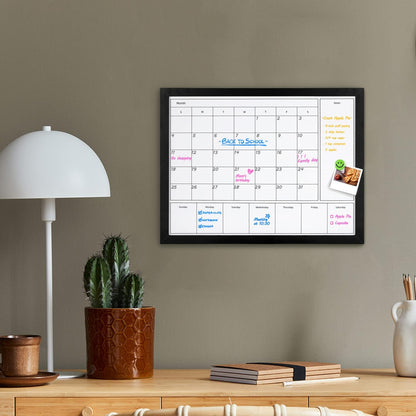 3-in-1 Dry Erase Calendar for Wall, Magnetic Surface Calendar Whiteboard | 17x13 inches Monthly & Weekly Planner Whiteboard, Dry Erase Board with Black Wood Frame, Magnetic Calendar for Classroom
