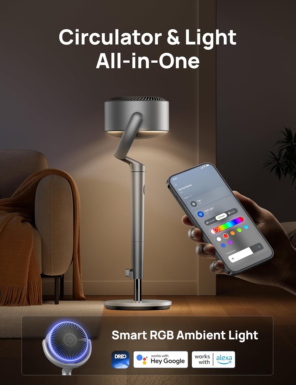 DREO Smart Fan for Bedroom, 120° +120° Omni-Directional Oscillating Fans, 100ft Quiet Pedestal Fan with RGB Light, 9 Speeds, 6 Modes, 20dB, 8H Timer, Wi-Fi/Voice/Alexa, 35-40" Floor Fans with Remote
