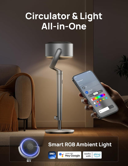 DREO Smart Fan for Bedroom, 120° +120° Omni-Directional Oscillating Fans, 100ft Quiet Pedestal Fan with RGB Light, 9 Speeds, 6 Modes, 20dB, 8H Timer, Wi-Fi/Voice/Alexa, 35-40" Floor Fans with Remote