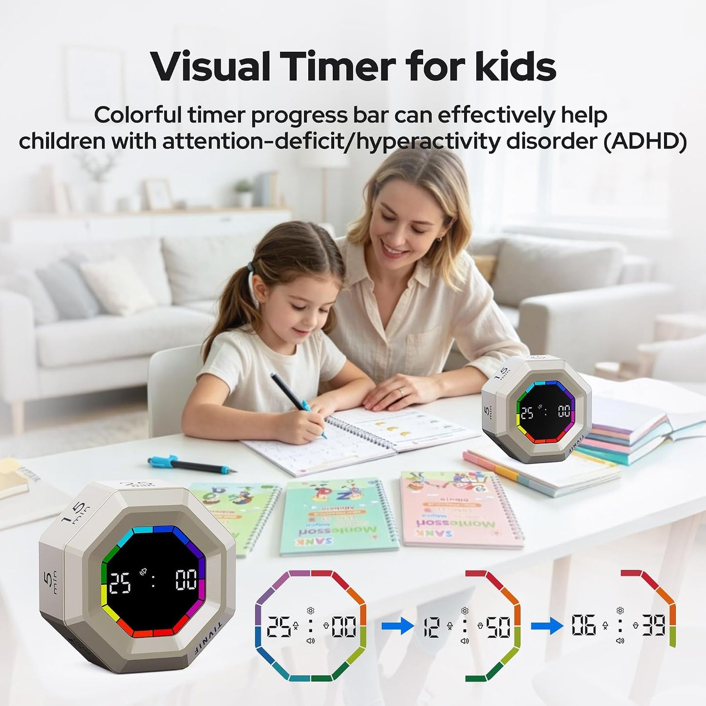 Visual Timer for Kids Kitchen Timer Pomodoro Magnetic Visual Countdown | Smart Gravity Sensing Timer with Large Display Loud Alarm for Study Cooking Classroom Homework Time Management
