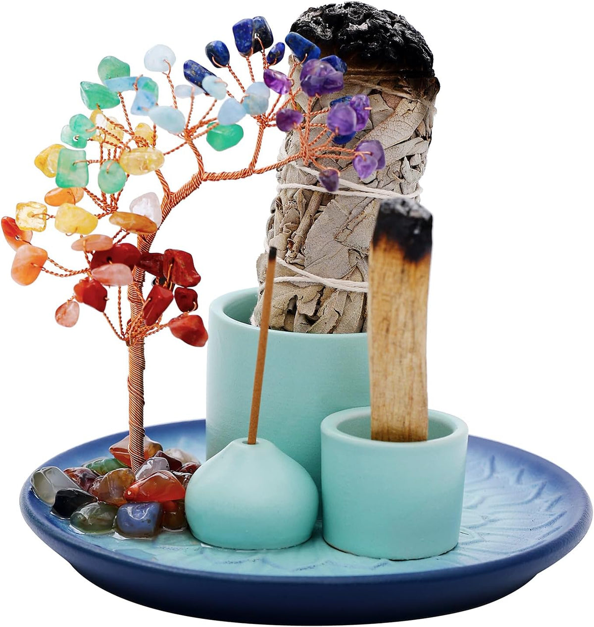 5 in 1 Incense Burner Holder with Crystal Healing Tree, Palo Santo Holder, Sage Holder, Incense Holder for Sticks/Cones/Candles, Ceramic Tray Ash Catcher for Burning Incense, Meditation Gift