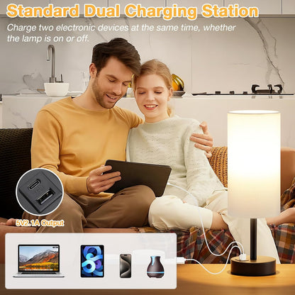 Dicoool Touch Bedside Table Lamp with USB - 3 Way Dimmable Wood Lamp for Bedroom Nightstand, Desk Lamp with Charging Station for Dorm, Living Room, Office, Kids Room, Small, 14in