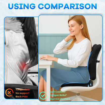 Gel Seat Cushion & Lumbar Support Pillow Set, Cooling Memory Foam for Tailbone & Sciatica Pain Relief, Ergonomic Office Chair Cushion with Breathable Mesh Cover for Car, Home, Wheelchair (Black)