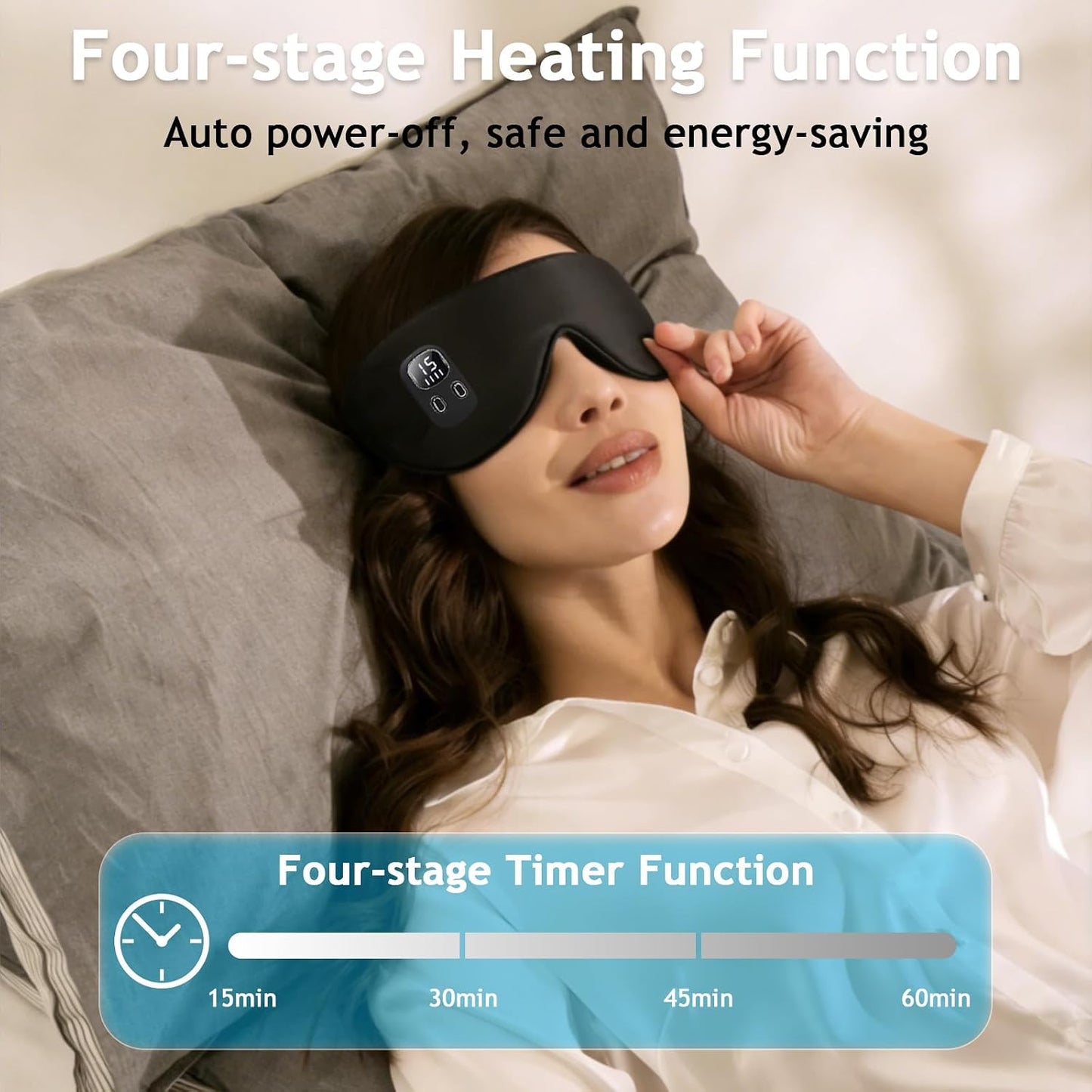 Rechargeable Heated Eye Mask | Warm Compress Sleep Mask for Dry-Feeling Eyes, 4 Heat Levels, 15–60 Min Timer, USB-C, Light Blocking, Washable Cover