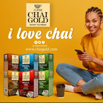Cuppa Chai Gold Original Chai Instant Tea Premix Sweetened, Classic Chai Tea Beverage Mix, Rich Authentic Flavor, Smooth Creamy Taste, Just Add Hot Water, Single-Serve Sachets for Home, Office & Travel, Pack of 1 (10 Count)