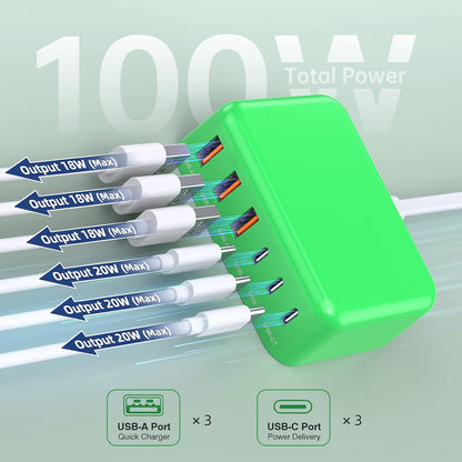 100W 6 in 1 USB Charger, 50% Smaller Charging Station for Multiple Devices