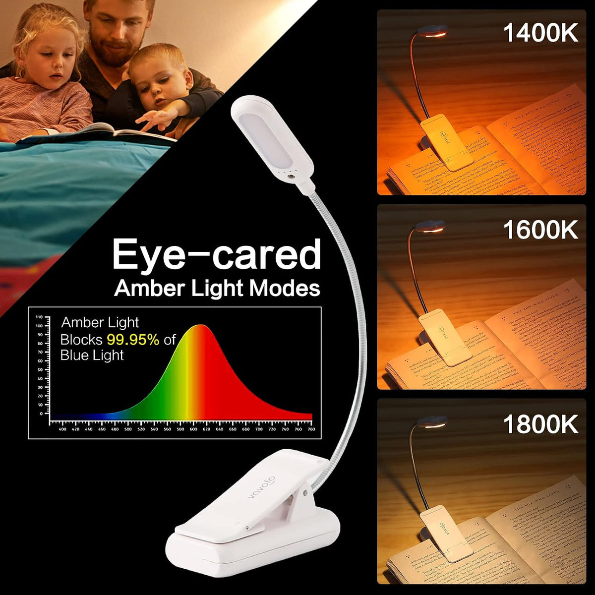 VAVOFO Amber Rechargeable Reading Light, Blue Light Blocking Book Light, 7 LEDs Eye Care 9 Colors 9 Brightness Clip On for Kids Bookworms Reading in Bed with Power Indicator Lasting 70h (Black)