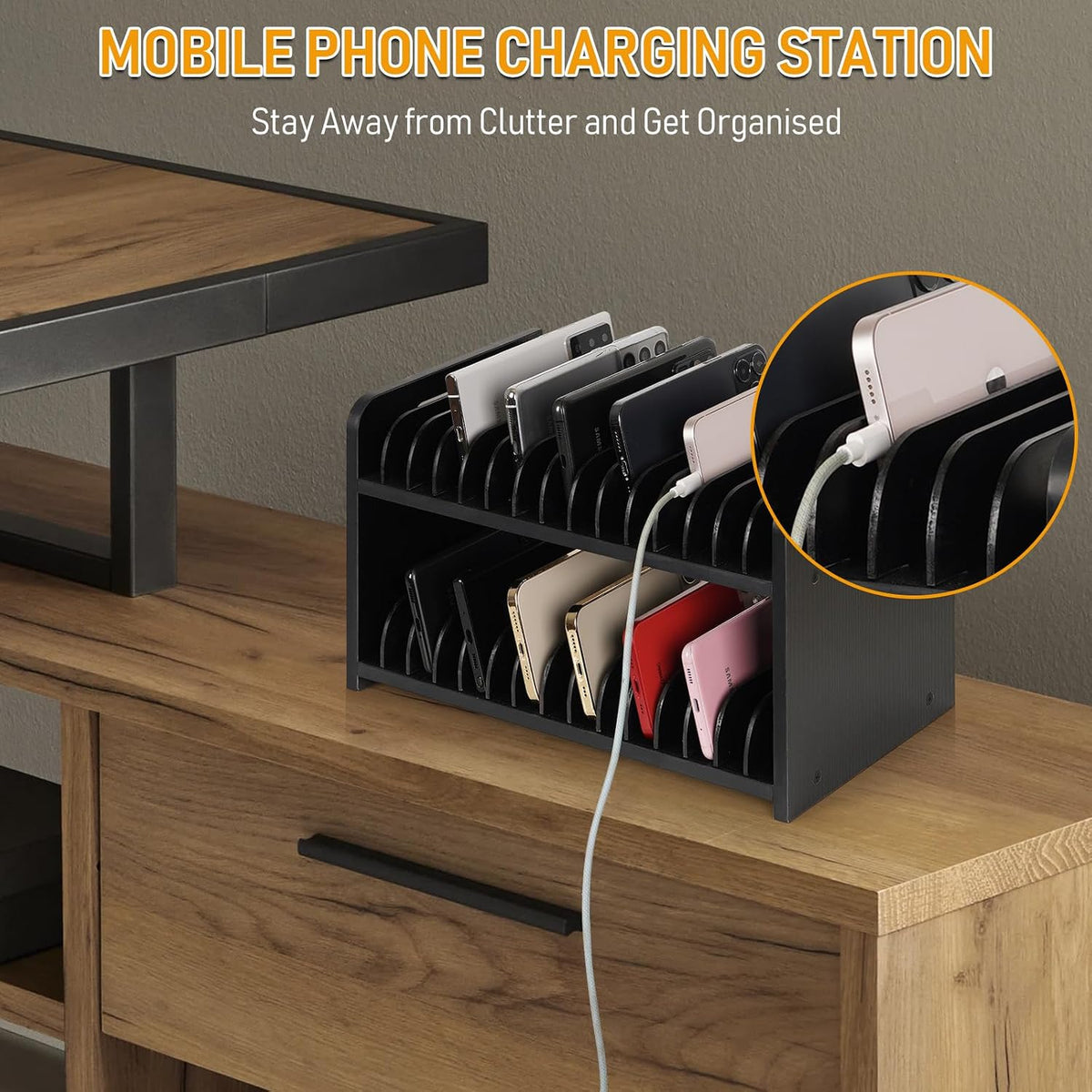 30-Grid Wooden Cell Phone Holder stand with 1-30 Number Stickers, Black