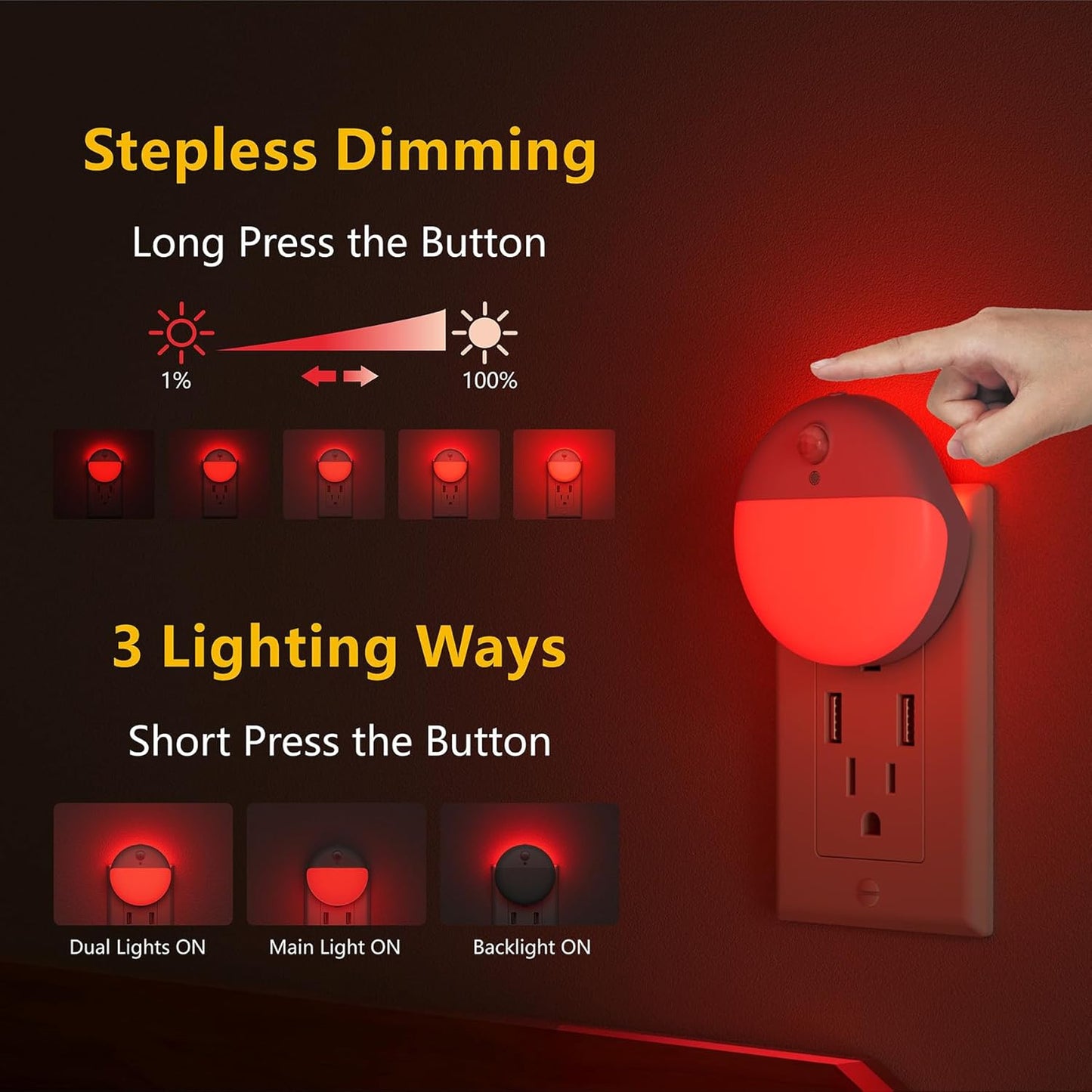 YUNLEX 2 Pack Plug in Sleep Night Light with Motion Sensor and Dusk to Dawn Sensor, 3 Modes, Soft Glow, Stepless Dimming, LED Lights for Bedroom, Sleep, Baby Nursery, Kids, Toddler, Home Decor (Amber)