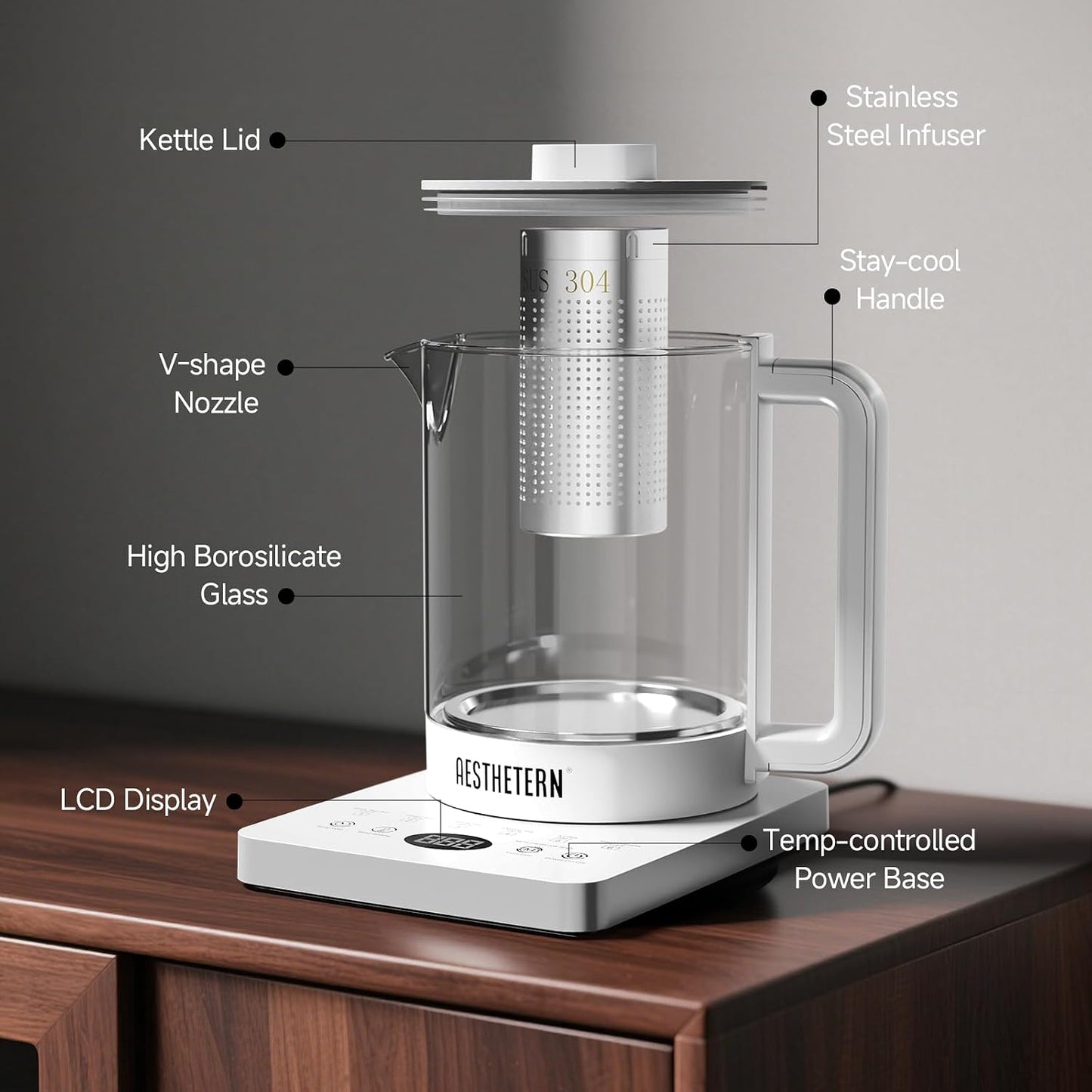 Electric Tea Kettle with Infuser Temperature Control and Automatic Shut Off 24 H Keep Warm for Coffee Water Heater and Tea Pot Glass Black 1.5L