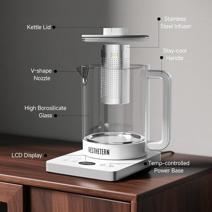 Electric Tea Kettle with Infuser Temperature Control and Automatic Shut Off 24 H Keep Warm for Coffee Water Heater and Tea Pot Glass Black 1.5L