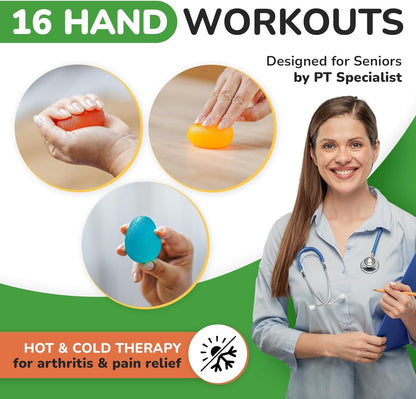 Healthy Seniors Hand Therapy Squeeze Balls – Set of 4 Egg-Shaped Silicone Exercise Balls | 4 Resistance Levels for Arthritis, Carpal Tunnel & Grip Rehab | Includes 16-Exercise Booklet + Video Guide
