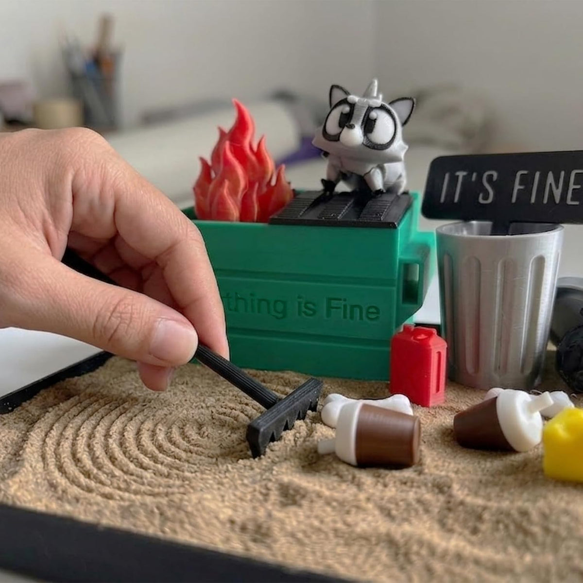 Dumpster Fire Zen Garden for Desk, Mini Sand Art Kit with Raccoons