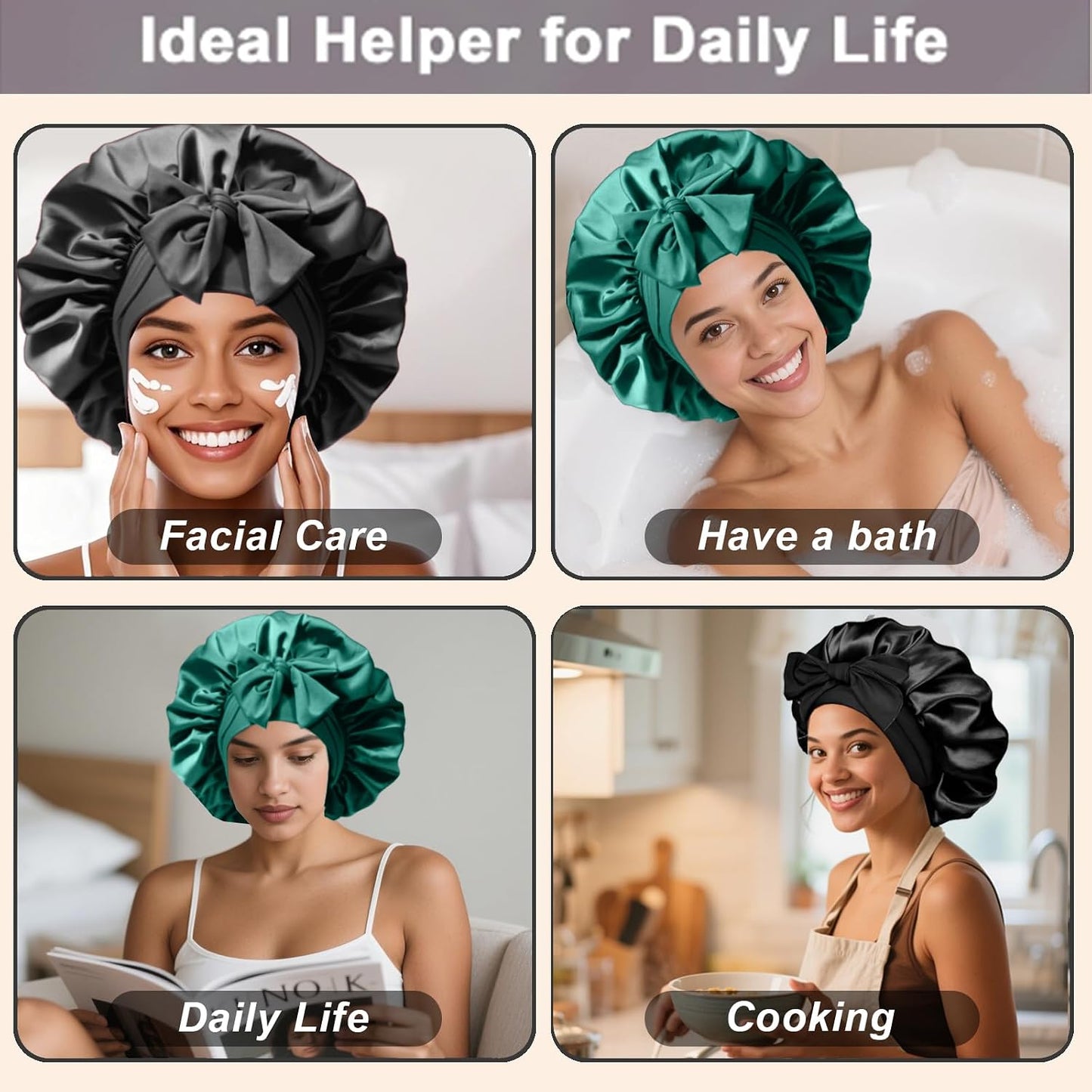 2Pcs Silk Hair Satin Bonnet for Sleeping Women,Large Satin Sleep Bonnets for Women with Elastic Tie Band Silk Hair Wrap with Ajustable Straps,Night Sleep Cap for Curly Braids,Black+Rose Gold
