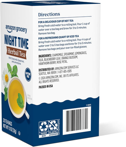 Amazon Grocery, Night Time Herbal Tea, Caffeine Free, 1.1 Oz, 20 Ct