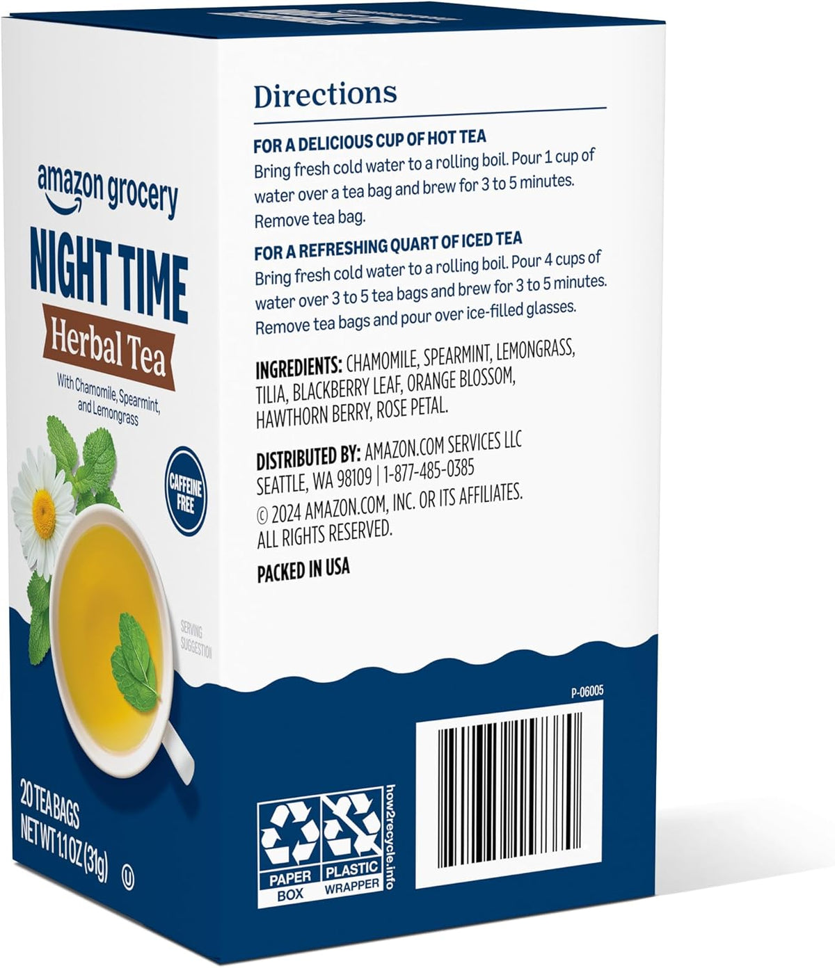 Amazon Grocery, Night Time Herbal Tea, Caffeine Free, 1.1 Oz, 20 Ct