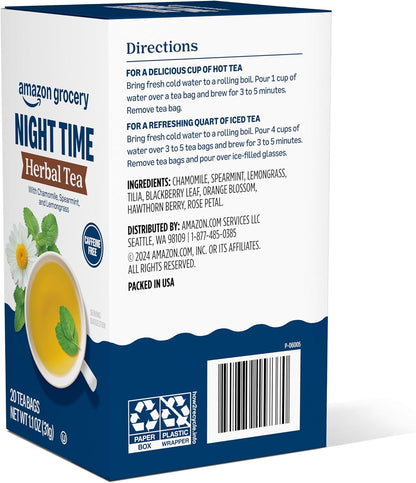 Amazon Grocery, Night Time Herbal Tea, Caffeine Free, 1.1 Oz, 20 Ct