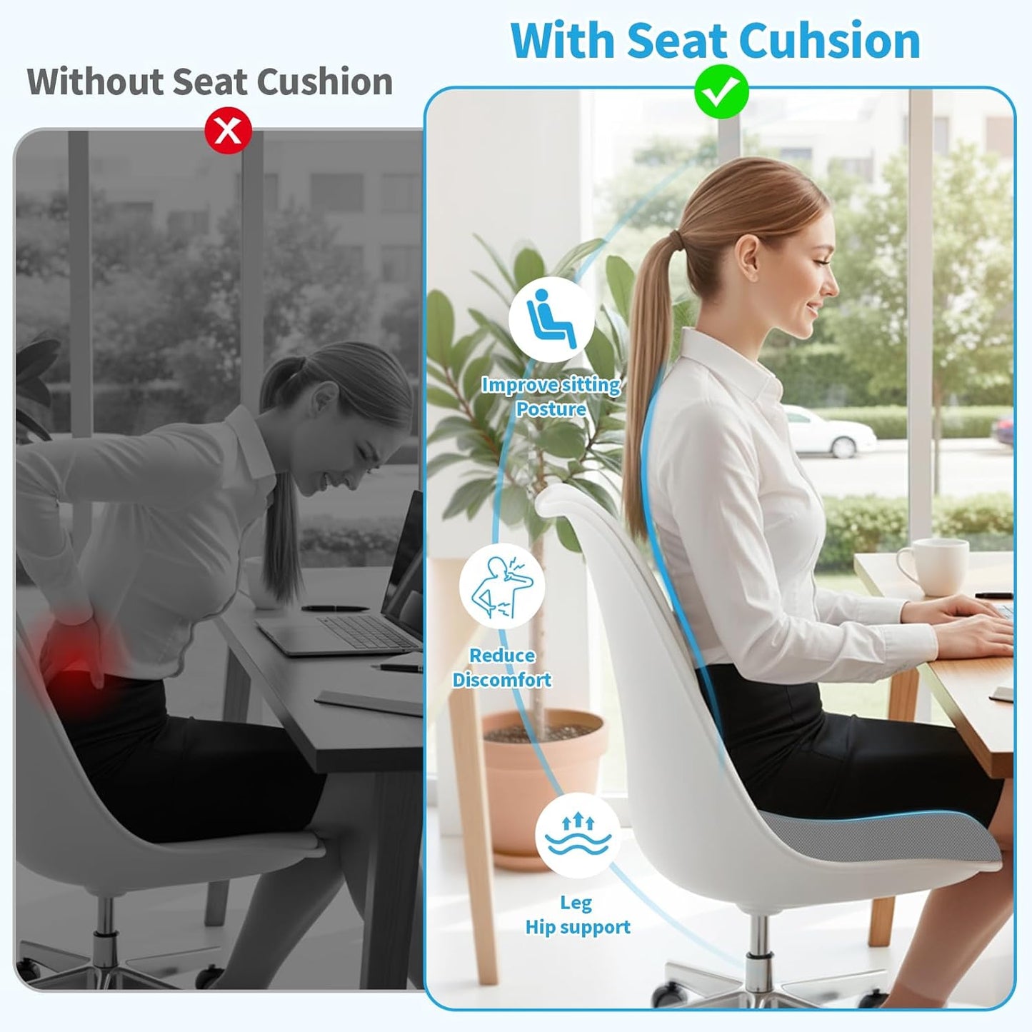 TranquilRelax Large Seat Cushion, Memory Foam Cushion for Long Sitting Hours on Office Chair, Car Seat, Non-Slip Chair Pad for Sciatica, Coccyx, Tailbone Pain Relief & Post-Surgery Recovery (Black)