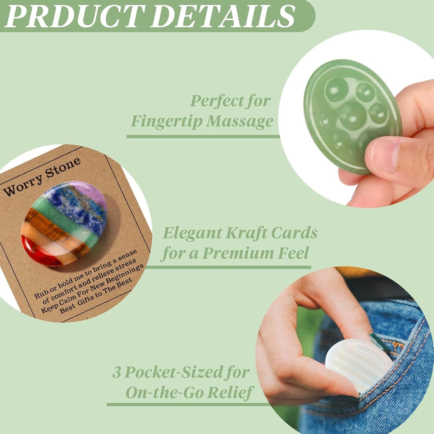 3 Pcs Thumb Worry Stones Green Aventurine Chakra Striped Opalite Anxiety Palm Stone Crystal Hand-Carved Healing Stones with 3 Kraft Cards Grounding Soothing Stones for Anxiety for Relief Meditation