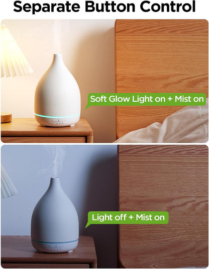 InnoGear Oil Diffuser, 300ML Ceramic Diffuser for Essential Oils Handcrafted Aromatherapy Diffuser Ultrasonic Cool Mist Humidifier with 4 Timers Waterless Auto Off for Room Office, White