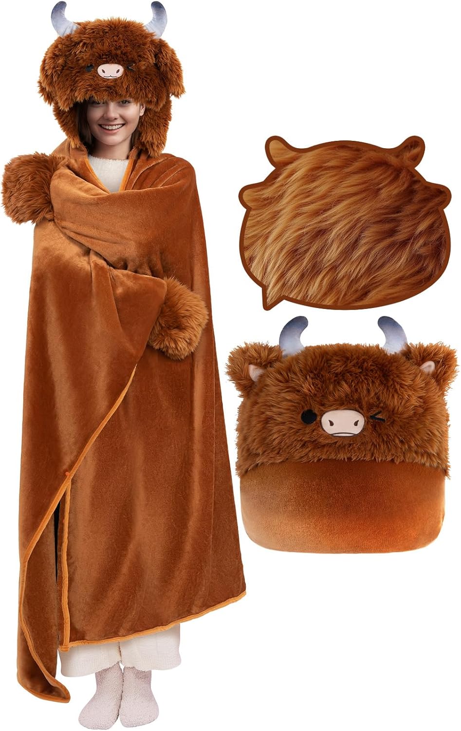 Mewaii Ultimate Softness Highland Cow Wearable Blanket Hoodie –Expertly Designed for American Body Full Coverage with Easy Movement Oversized Warm Cozy Flannel Blanket Cute Highland Cow Gift for Women