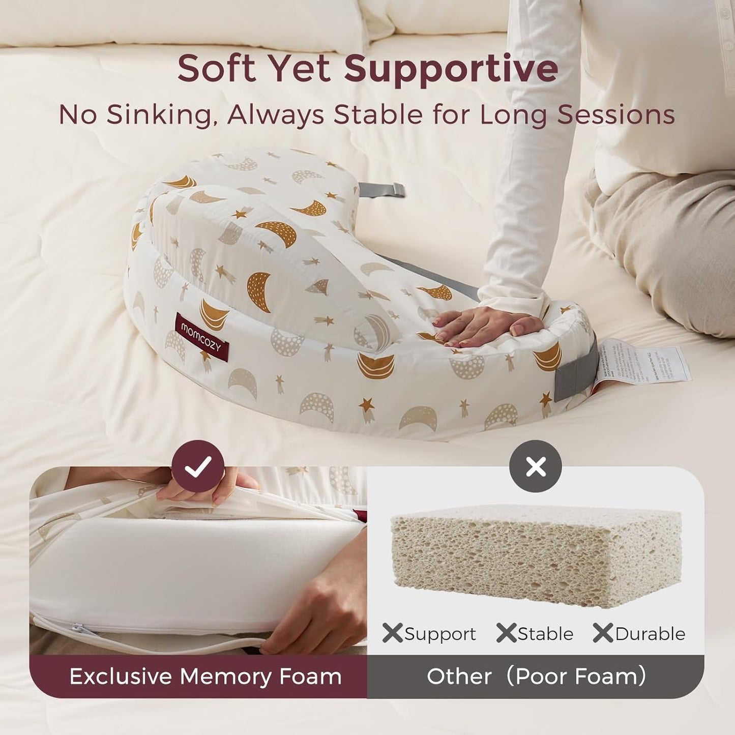 Momcozy CozyPro Nursing Pillow - All Around Lumbar & Arm Support - Safety Guard, Firm & Springy Memory Foam-Stable, Ergonomic Support, Easier Breastfeeding, Wider Cushion, Adjustable, Removable Cover