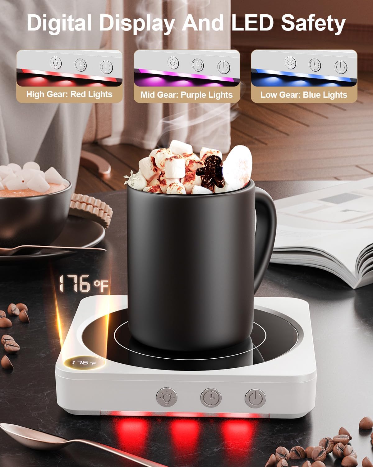 House Gem Coffee Mug Warmer for Desk, Candle Warmer Plate, 12H Timer, Wood
