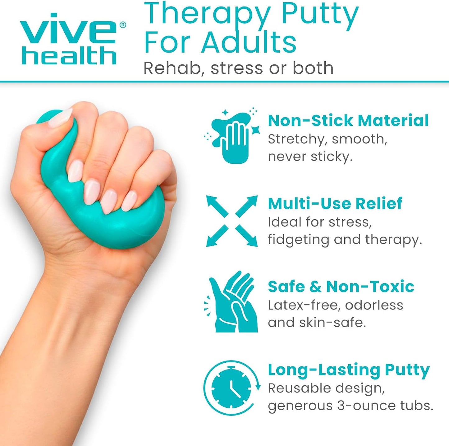 Vive Therapy Putty for Adults, for Hand (2 Pack) - Occupational Sensory Stress Relief Tools - for Physical Exercise, Finger Pain, Grip Strength, Rehab, Arthritis, Forearms, Fidgeting, Motor Skills
