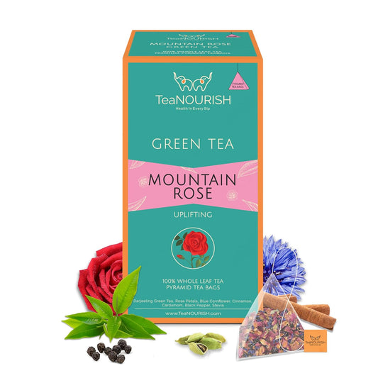 TeaNOURISH Mountain Rose Green Tea | 20 Count Pyramid Tea Bags | Whole Leaf Tea | Blended with Rose Petals, Blue Cornflower & Cinnamon | 100% NATURAL INGREDIENTS