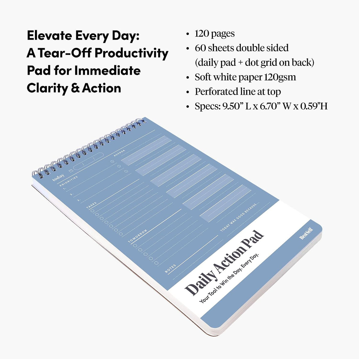 BestSelf Daily Action Pad – 60 Sheets, Hourly Planner & Task Checklist