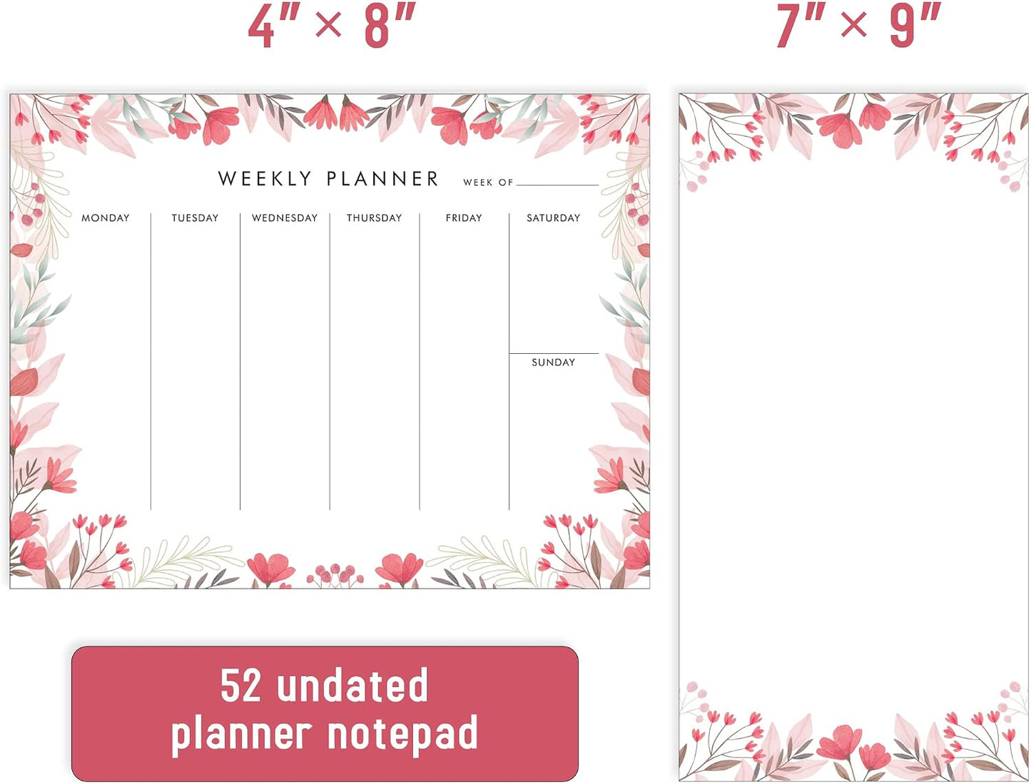Weekly Planner Notepad Tear Off Set of 2 Weekly Calendar Pad 52 Undated To Do List Notepad Sheets Desk Planner Planning Pads Productivity Tracker for Work Goals Notes Schedule Ideas, Floral Blue